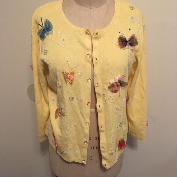 Berek Yellow Butterfly Ribbon & Bead Embellished Cardigan Sweater XL - Picture 2 of 12